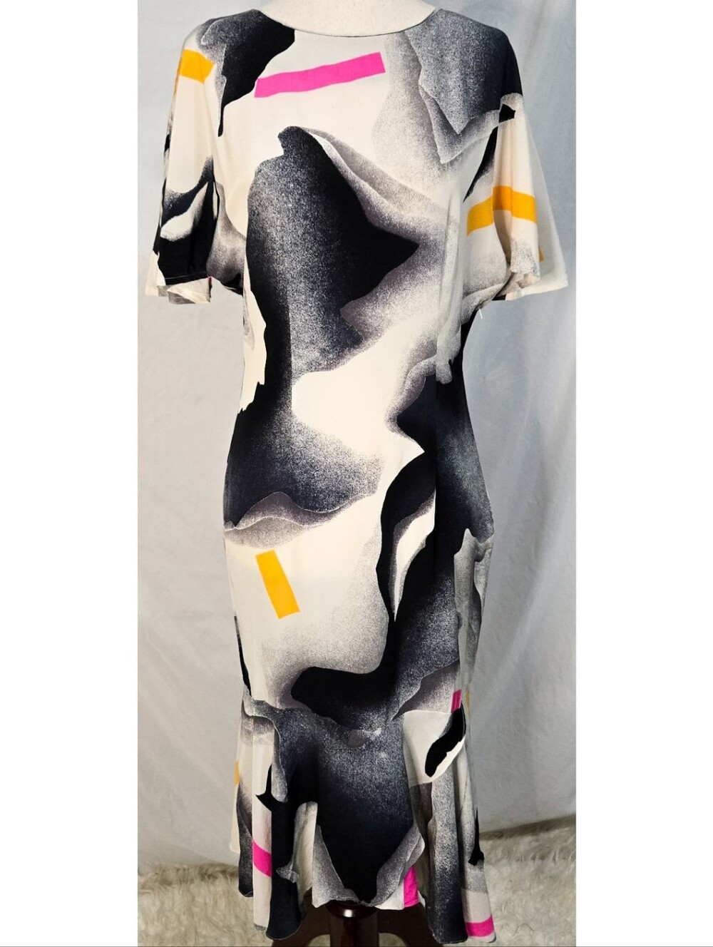 Vintage 80s 90s Silk Sheath Dress Avant Garde Abstract Flutter Sleeves Beige